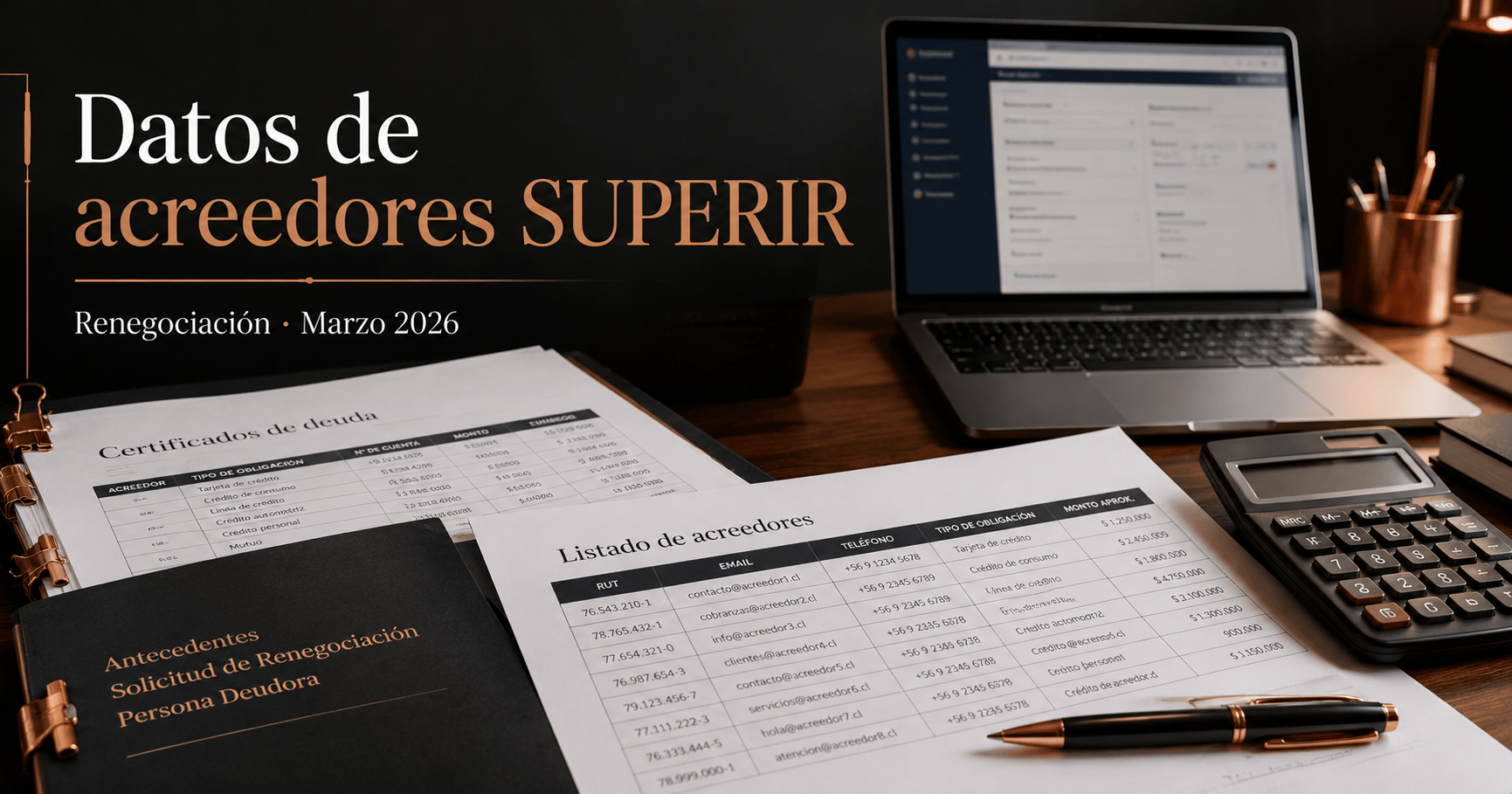 Datos de acreedores para renegociación de deudas ante la SUPERIR, actualizado a marzo de 2026.