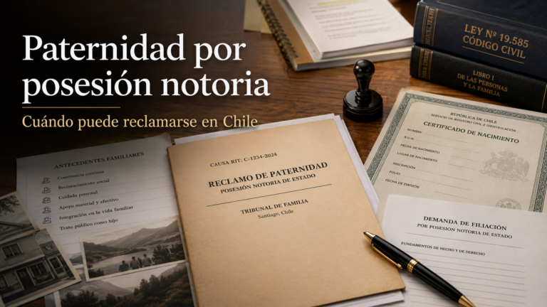 Documentos judiciales de familia para una demanda de paternidad por posesión notoria de hijo en Chile.