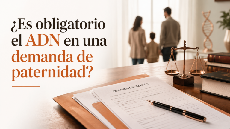 Imagen sobre examen de ADN en una demanda de paternidad en Chile, con documentos legales de filiación, escritorio de abogado y familia desenfocada al fondo.