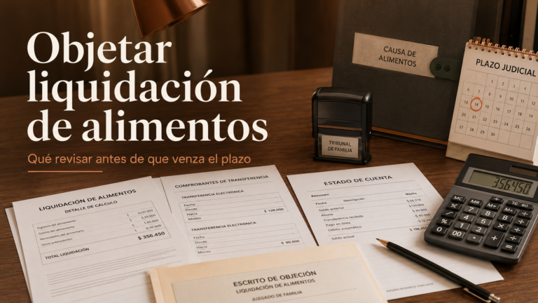 Abogado revisa una liquidación de pensión de alimentos en Chile junto a comprobantes de pago y documentos judiciales de familia.