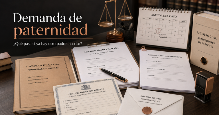 Documentos legales sobre demanda de paternidad en Chile cuando el hijo ya tiene otro padre inscrito, con impugnación de filiación y reclamación de paternidad.