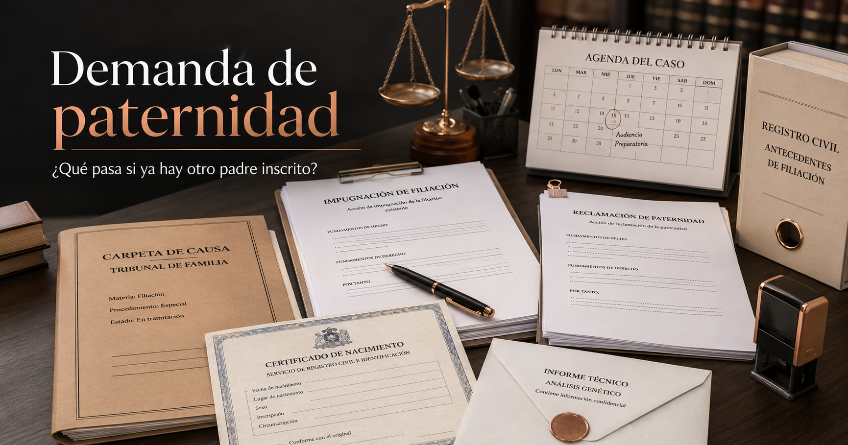 Documentos legales sobre demanda de paternidad en Chile cuando el hijo ya tiene otro padre inscrito, con impugnación de filiación y reclamación de paternidad.