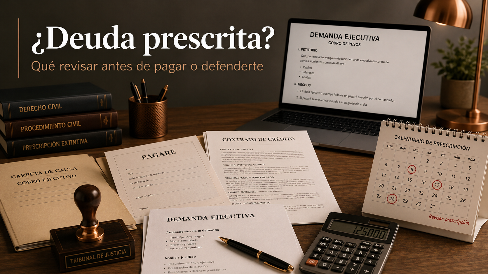 Mesa de trabajo legal con documentos de cobranza, pagaré, demanda ejecutiva, calendario de prescripción y calculadora para revisar si una deuda está prescrita en Chile.