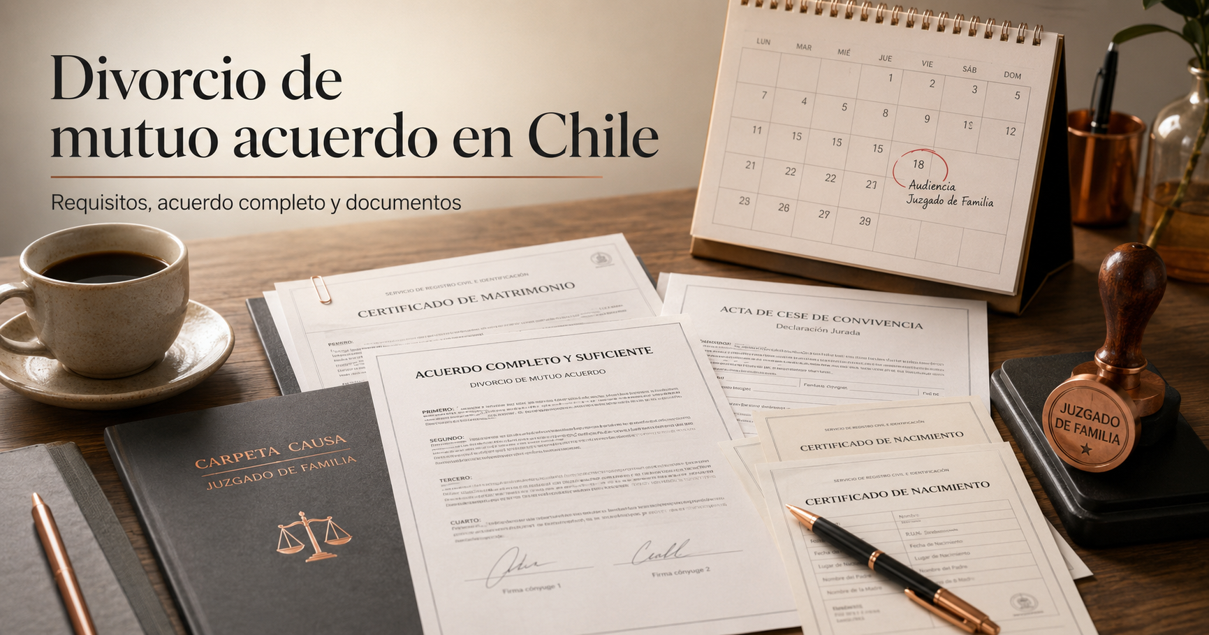 Documentos legales sobre divorcio de mutuo acuerdo en Chile, acuerdo completo y suficiente, certificado de matrimonio y antecedentes familiares sobre una mesa de trabajo.
