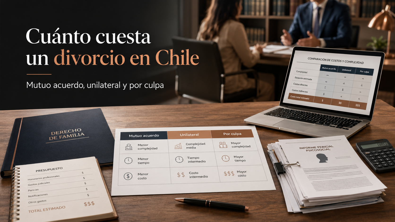 Abogado revisando costos de divorcio en Chile según mutuo acuerdo, unilateral o por culpa