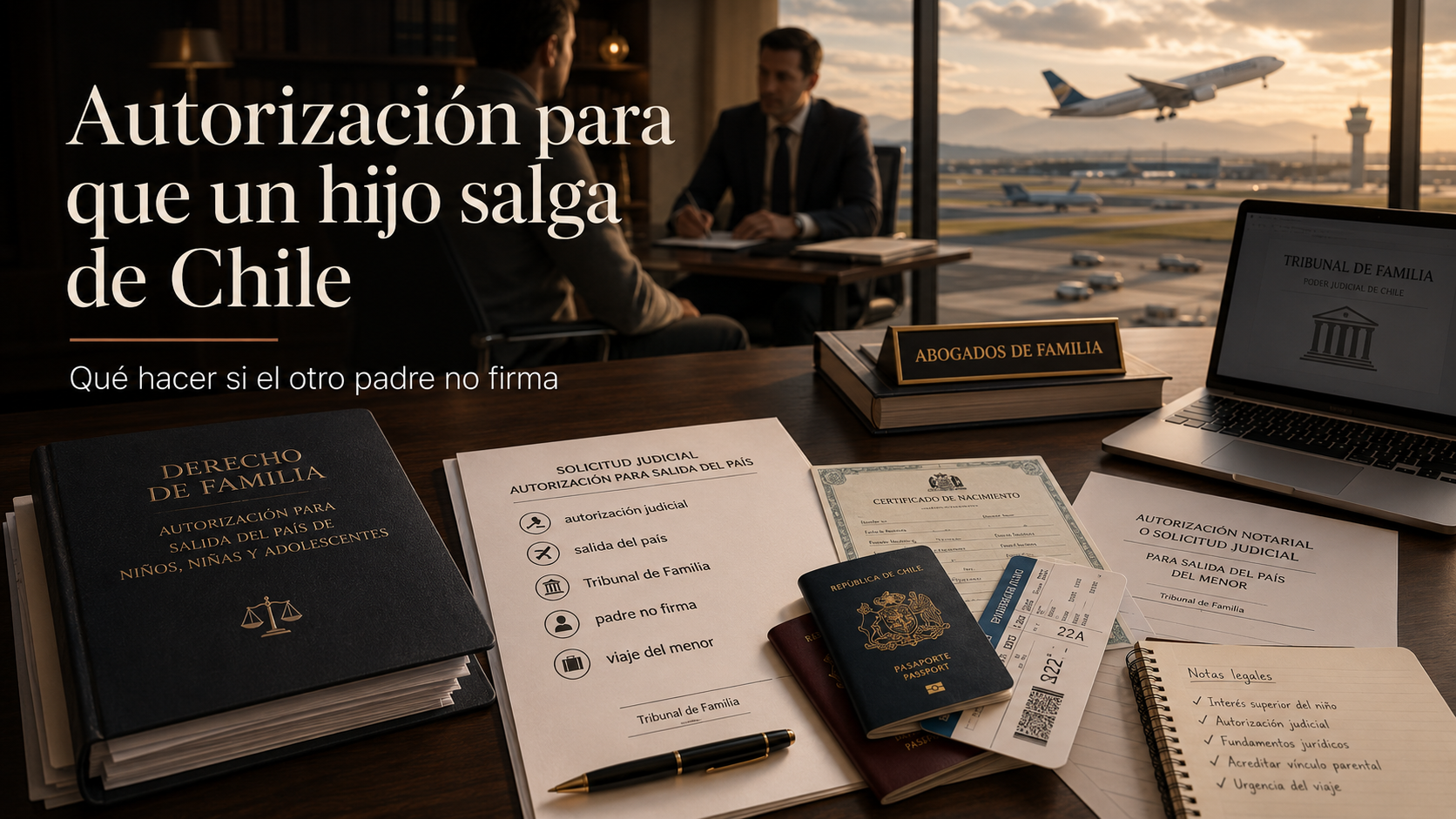 Autorización judicial para salida del país de un hijo en Chile con documentos legales y aeropuerto de fondo