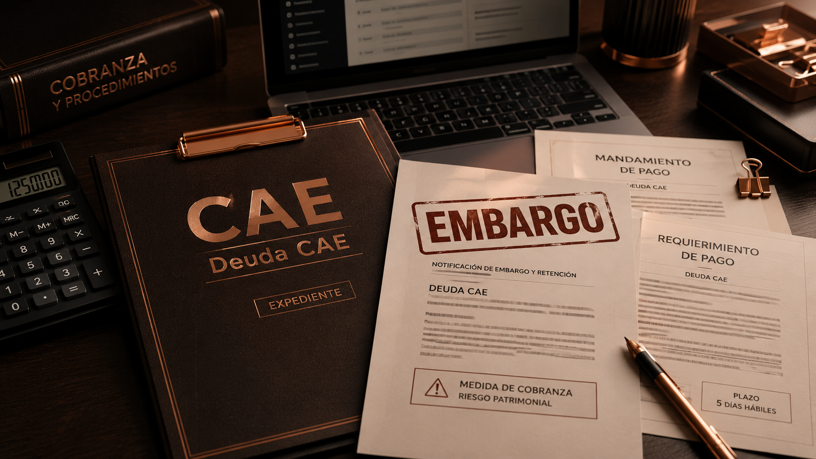 Expediente de deuda CAE y notificación de embargo revisados en escritorio jurídico